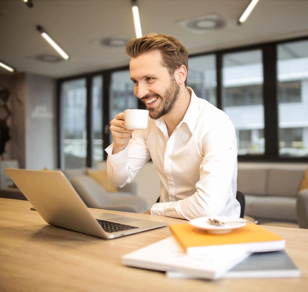 Boys Stand in Office with Coffee Cup